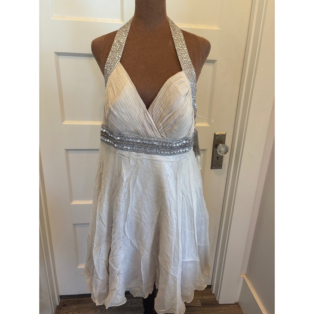 Scala Silk Halter Dress Champagne Silver Beaded Sequin Cocktail Party Womens L
